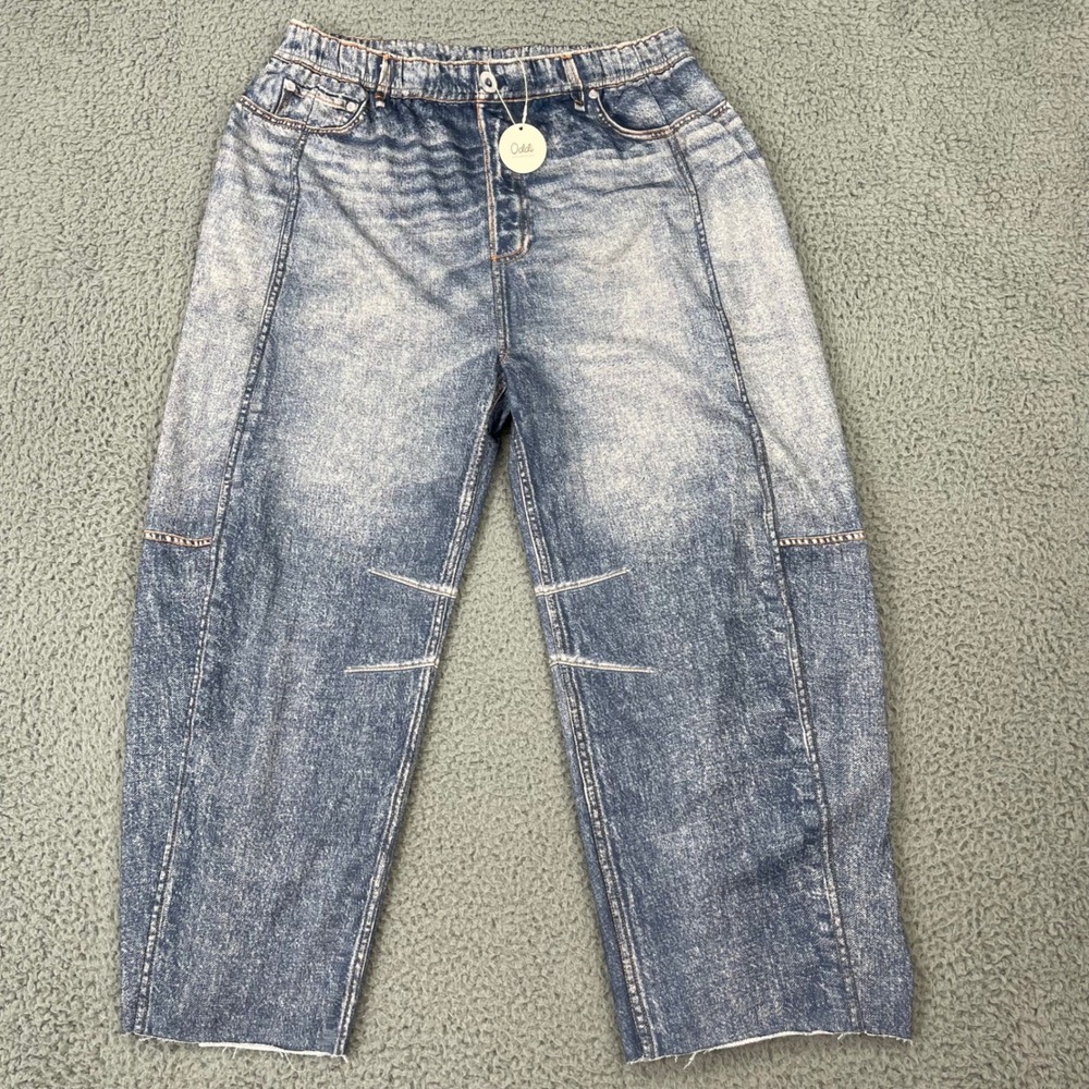 Oddi Jogger Pants Womens 2XL Blue Acid Wash Print Faux Denim Elastic Waist - NWT
